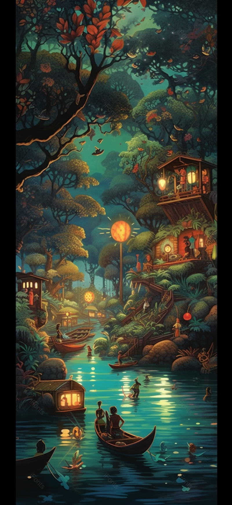 木屋夏天夜晚萤火虫森林树植物河流倒影静谧唯美插画,插画/手绘图,插画/手绘图库,插画/手绘图下载,插画/手绘